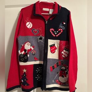 Super cute detailed womens zip up Christmas sweater size large
